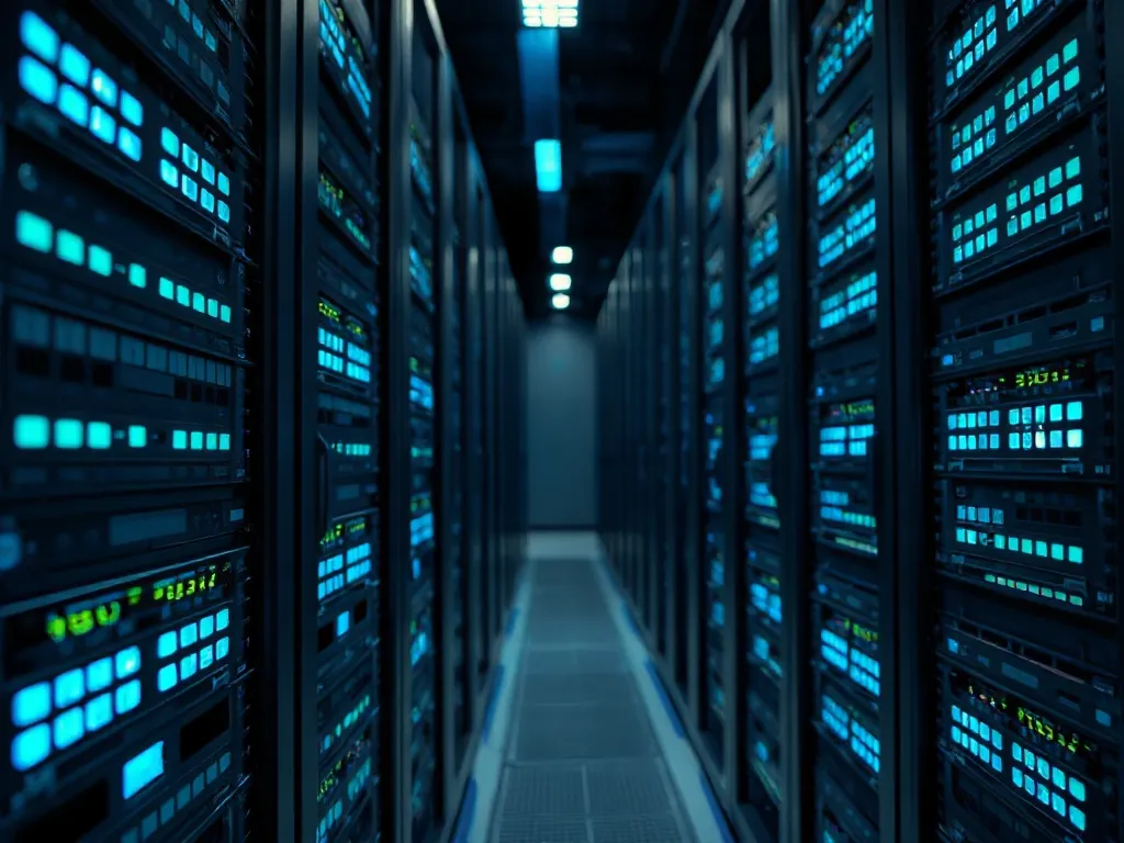 Close-up of a high-tech server rack with glowing cyan blue l
