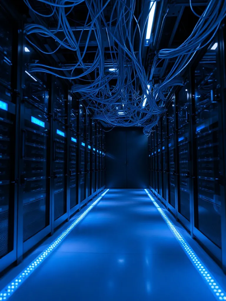 Dark high-tech server room with glowing blue cables and cold