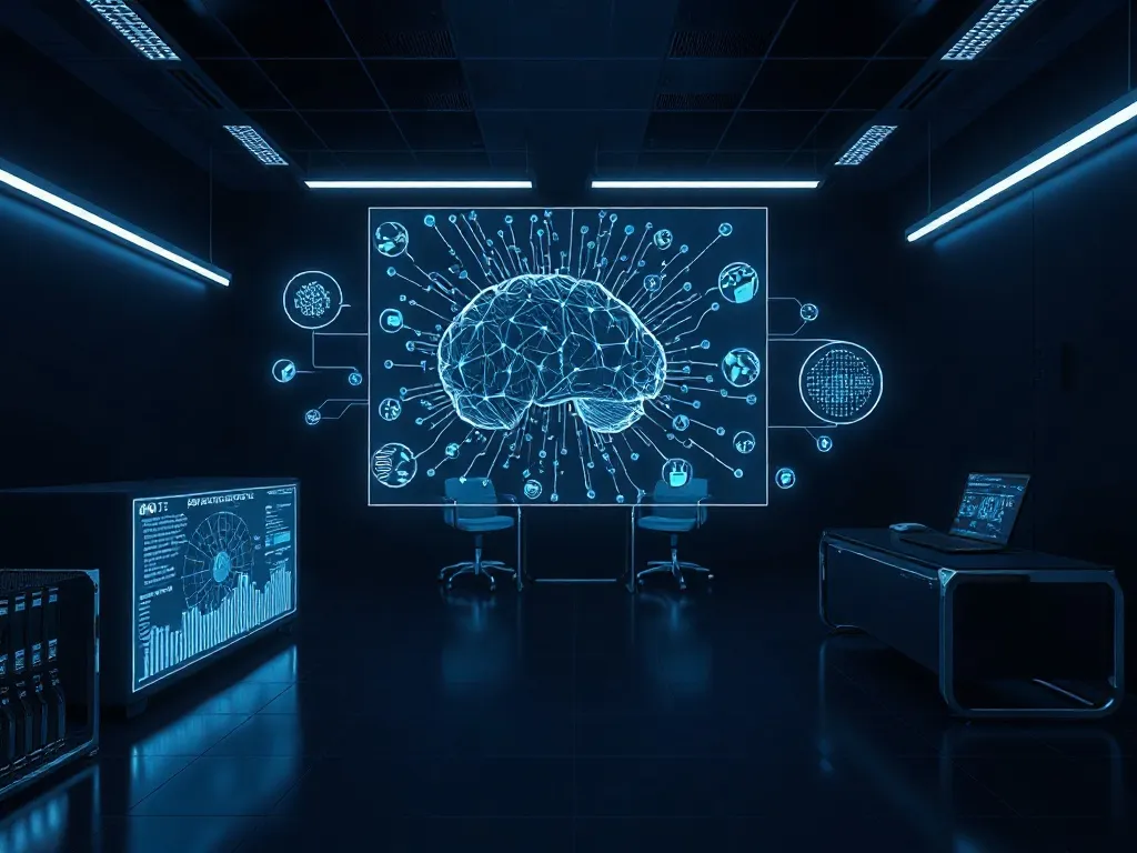 A minimalist dark high-tech laboratory setting with holograp